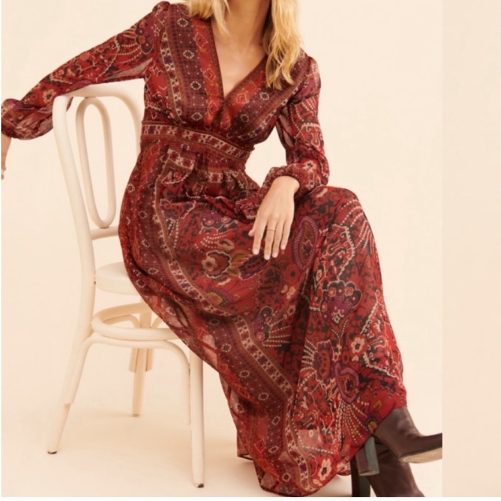 Anthropologie Ranna Gill Women's Red Long Sleeve Maxi Dress